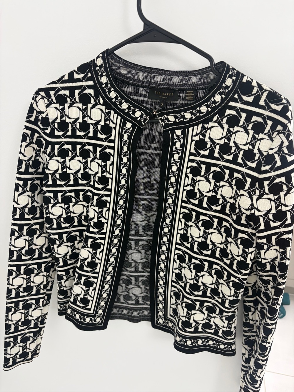 Ted Baker Black and White Geometric Open-Front Cardigan
